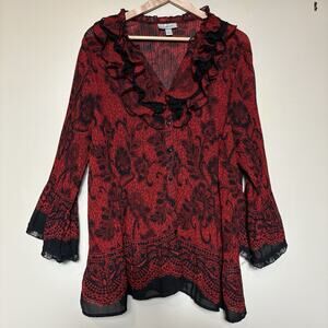 Dressbarn Womens Red Black Floral Lace Print Ruffle Blouse 3X Sheer Bell Sleeve